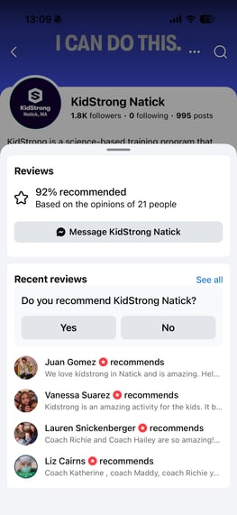 Facebook business page for KidStrong Natick showing 92% recommendation rate and authentic customer reviews from local community members