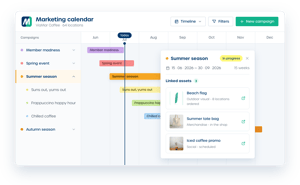Marvia marketing calendar timeline view with linked assets