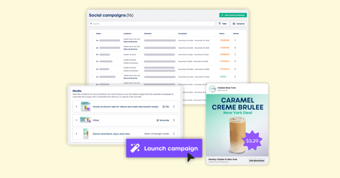 Marvia Marketing platform dashboard showing centralized campaign management with one-click deployment to multiple franchise locations, displaying ViaMar New York local ad example
