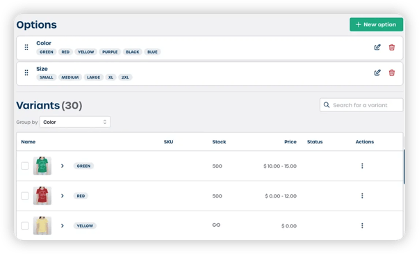 Product varianten marvia webshop