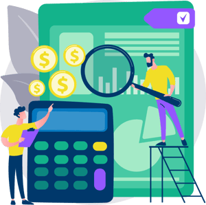 Image shows a drawing of two people, one holding a magnifying glass over a document, the other standing by a large calculator