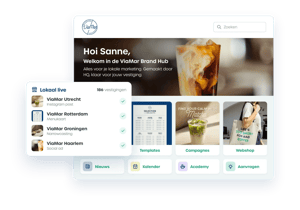 Marvia Brand Hub van koffieketen ViaMar met campagnes, templates en merkmateriaal, en een overzicht van vestigingen die lokale marketing live zetten.