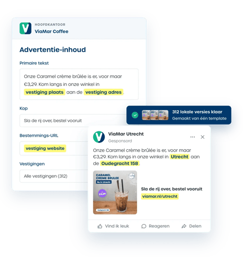 Advertentie-instellingen van het hoofdkantoor met velden voor plaats, adres en website, naast de ingevulde advertentie voor ViaMar Utrecht en een melding dat 312 lokale versies klaarstaan.